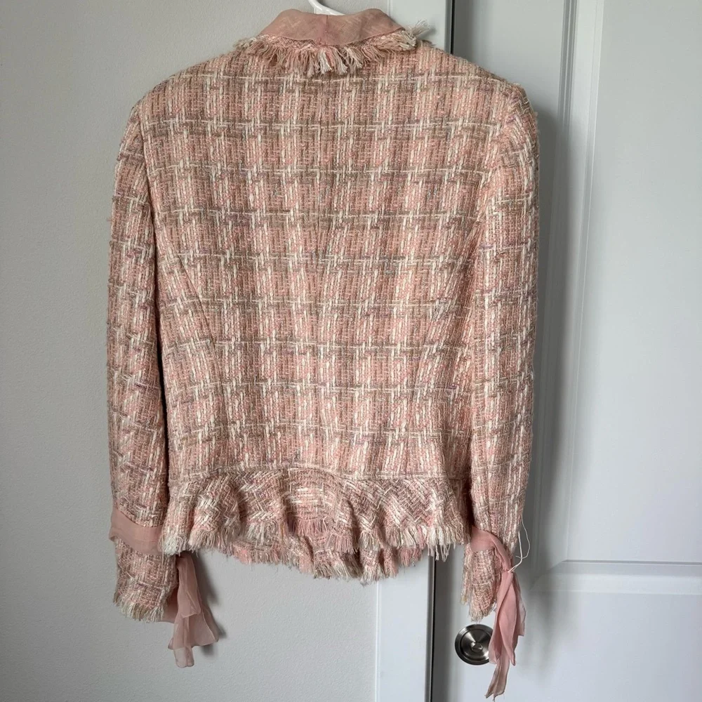 Vintage Albert Nipon Coral Pink Tweed Jacket Size 8 Wool Silk Accents Floral Pin - Picture 11 of 16